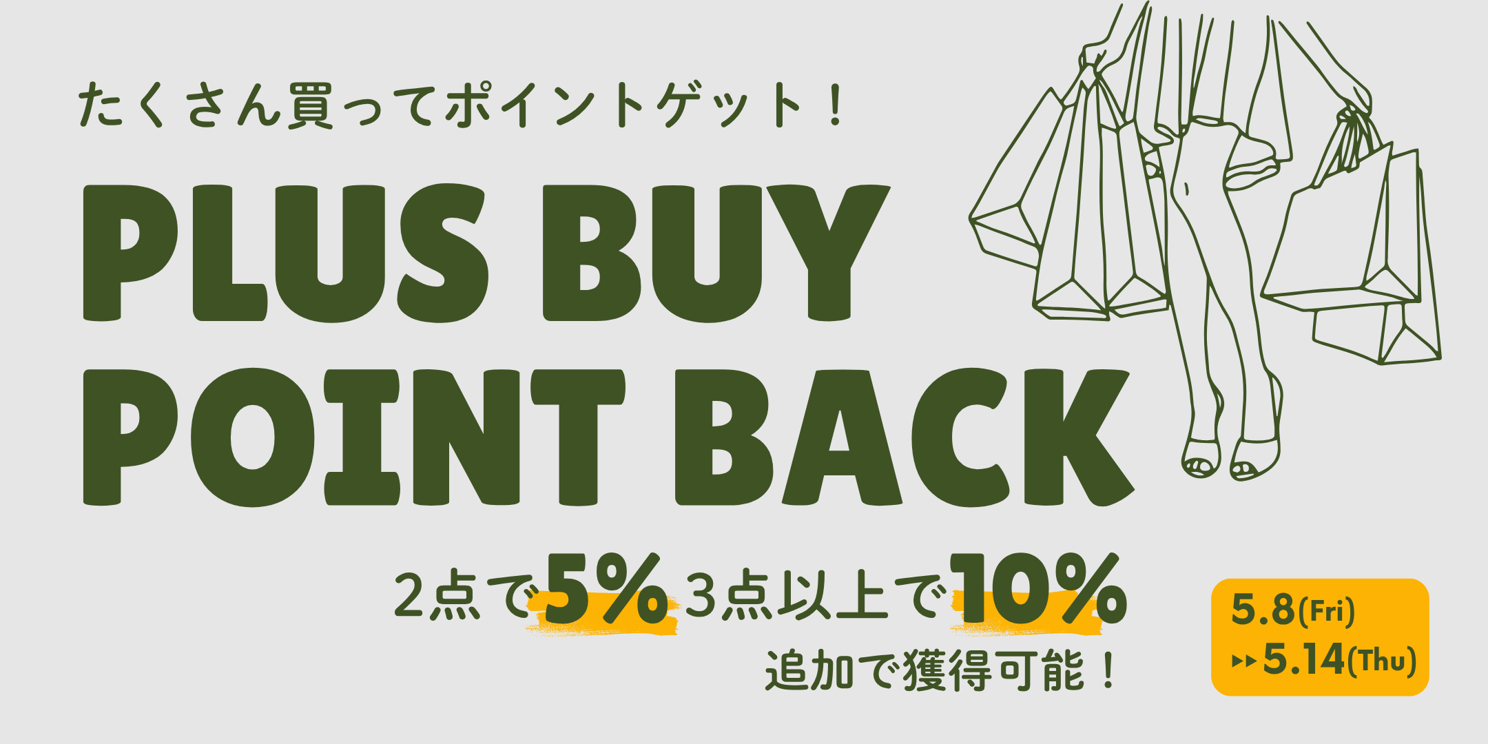 2026年5月プラスバイポイントバックキャンペーン開催！2点で5％、3点以上で10％、追加でポイント獲得が可能です。