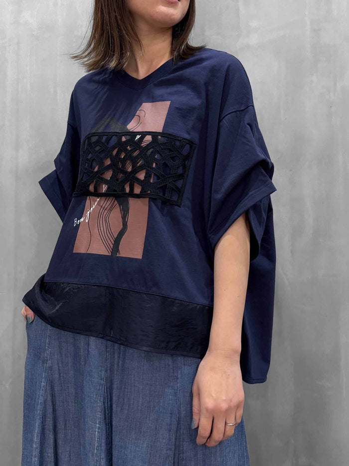 Lallia Mu(ラリア・ムー)|レースドッキングプリントTシャツ|2612501