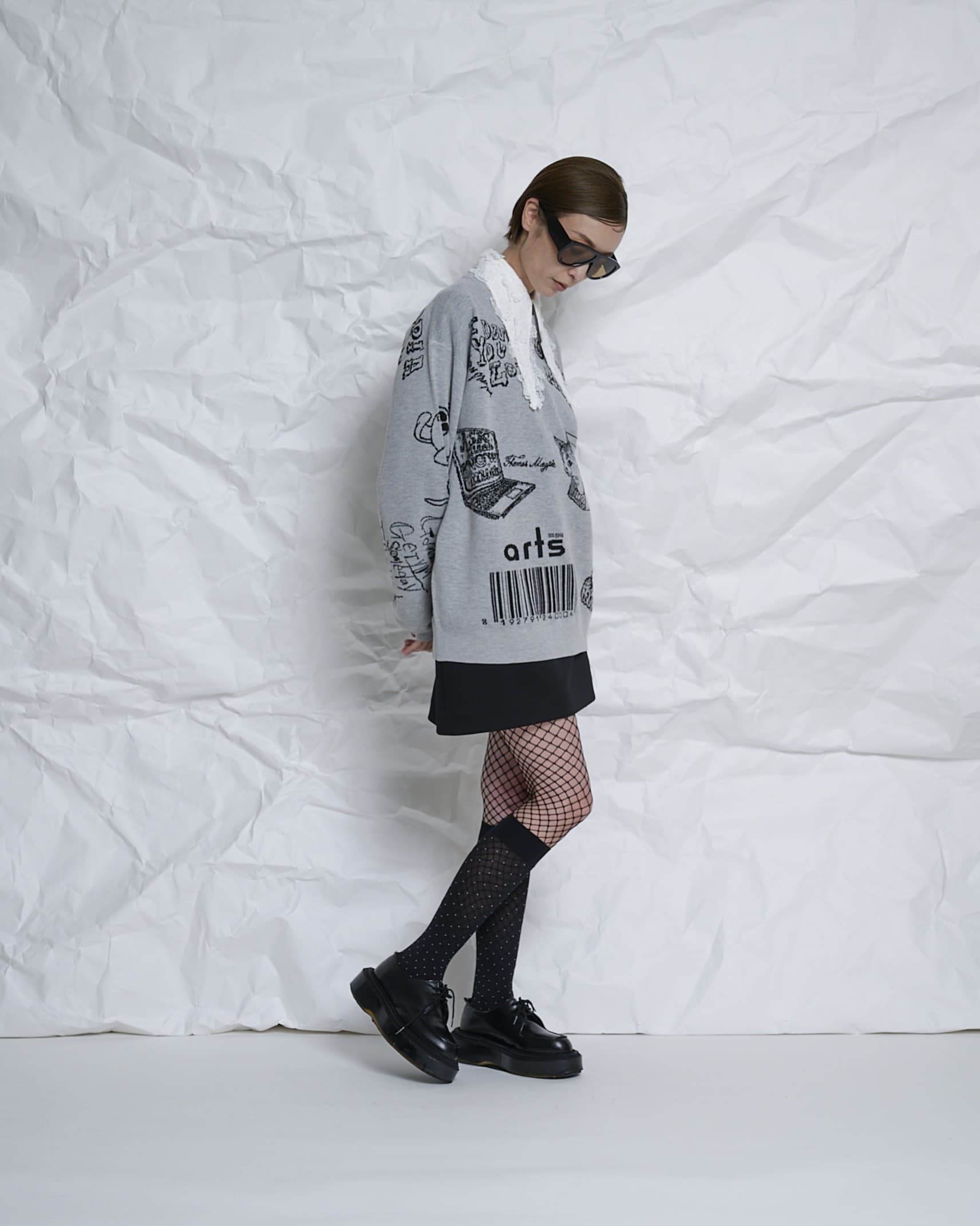 トーマスマグパイ リップ柄 ニット クルーネック 総柄 ウール混 グレー 2月入荷予定】THOMAS MAGPIE（トーマスマグパイ）｜オリジナル